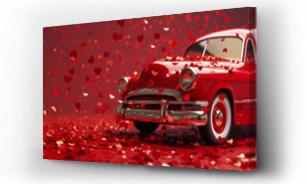Wizualizacja Obrazu : #702290687 red retro car with hearts on a red background. card for valentines day