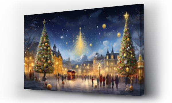 Wizualizacja Obrazu : #702349697 Festive Christmas Market Scene with Decorated Trees and Snowfall at Dusk