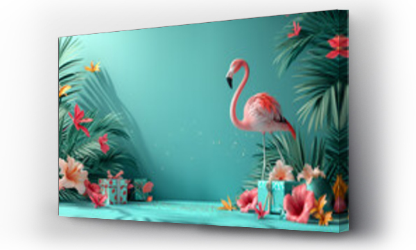 Wizualizacja Obrazu : #702428411 Exotic tropical summer background. Summer beach party concept. Pink flamingo, tropical leaves, orchid flower, palm branches on blue background