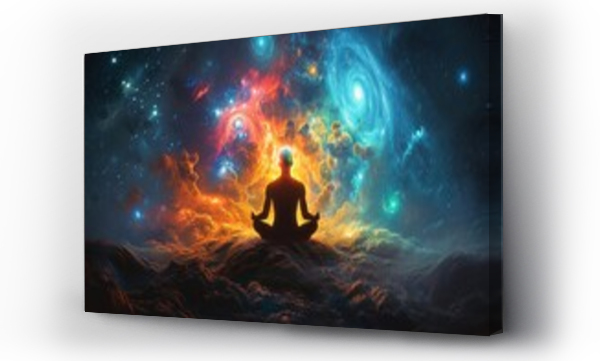 Wizualizacja Obrazu : #702569220 Silhouette of a person meditating with cosmic energy and celestial bodies around