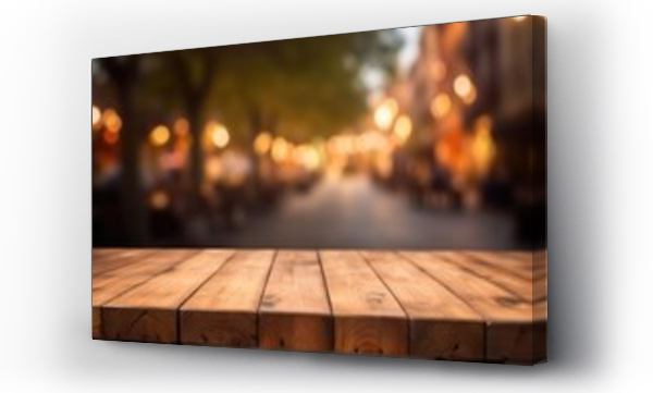 Wizualizacja Obrazu : #702574978 The empty wooden table top with blur background of town square. Exuberant image. generative AI