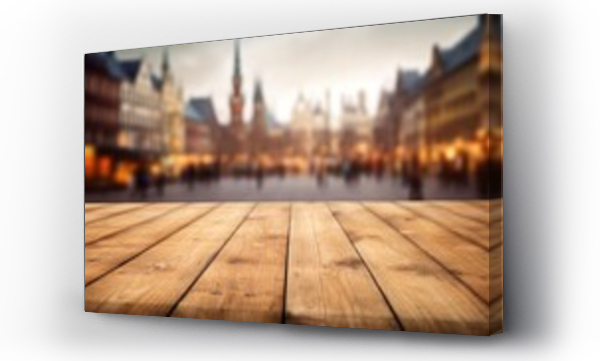 Wizualizacja Obrazu : #702576814 The empty wooden table top with blur background of town square. Exuberant image. generative AI