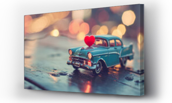Wizualizacja Obrazu : #702896990  Retro toy car on roof Valentine heart, Valentines Day concept, copy space for text