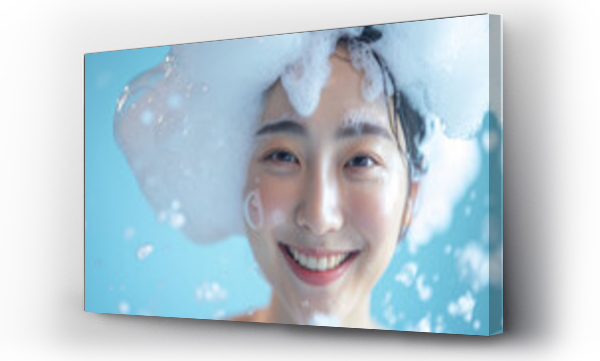 Wizualizacja Obrazu : #702973106 Beautiful Korean woman with a dollop of shampoo foam on her head