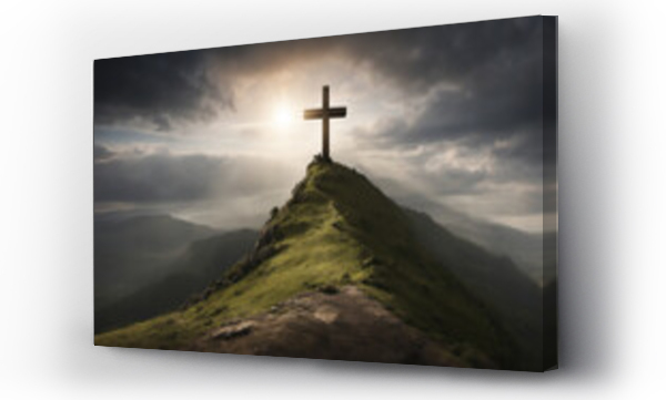 Wizualizacja Obrazu : #703006057 The sky over Golgotha Hill is shrouded in majestic light and clouds, revealing the holy cross symbolizing the death and resurrection of Jesus Christ.
