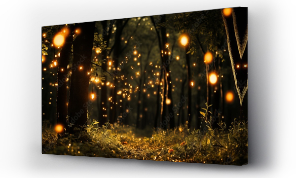 Wizualizacja Obrazu : #703016118 Enchanted forest clearing with fireflies and magical creatures celebrating with fairy dust