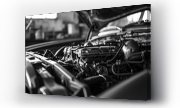Wizualizacja Obrazu : #703194531 A black and white photo of a car engine. Suitable for automotive enthusiasts and mechanics