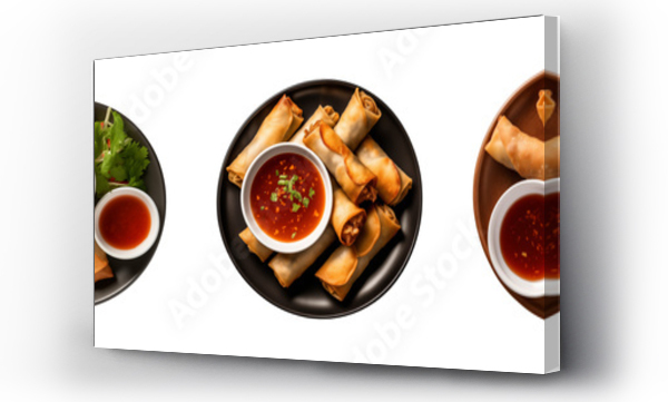 Wizualizacja Obrazu : #703356194 Collection plate of spring rolls with dipping sauce isolated on a transparent background, top view