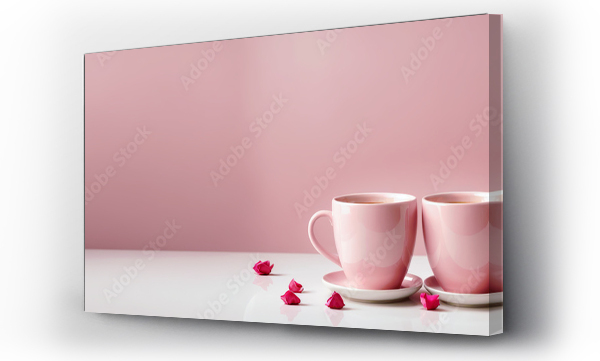 Wizualizacja Obrazu : #703486240 Two pink coffee cups with roses and hearts on pastel pink minimalistic background. Beautiful banner, header with copy space, empty. Valentines, mothers day, womens day. Generative AI.
