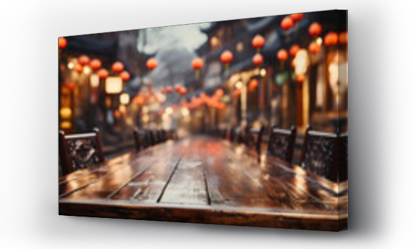 Wizualizacja Obrazu : #703536803 Empty Wooden Table with Blurred Ancient Chinese Town Background, Decorated with Hanging Lanterns