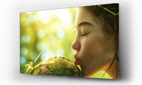 Wizualizacja Obrazu : #704221312 Attractive woman kissing planet earth against green nature background. Earth day, Enviroment Day, Save the World, Environmental conservation