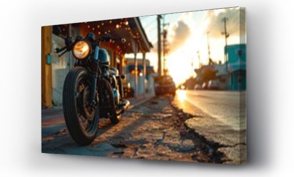 Wizualizacja Obrazu : #704560772 Ride into sunset, a motorcycle gang stops at a bar, where Americas biker brotherhood celebrates freedom, their motorbikes and band united