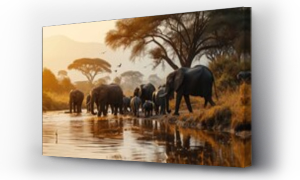 Wizualizacja Obrazu : #704625711 Nature documentary, elephants at a watering hole, African savanna, herd with playing calves, soft diffused daylight, birds in the sky.
