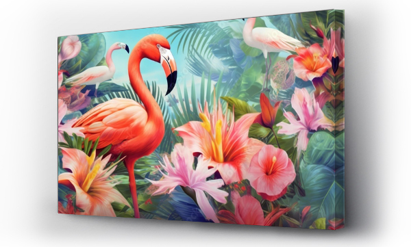 Wizualizacja Obrazu : #705064477 Illustration of tropical flowers, plants, leaves and flamingos