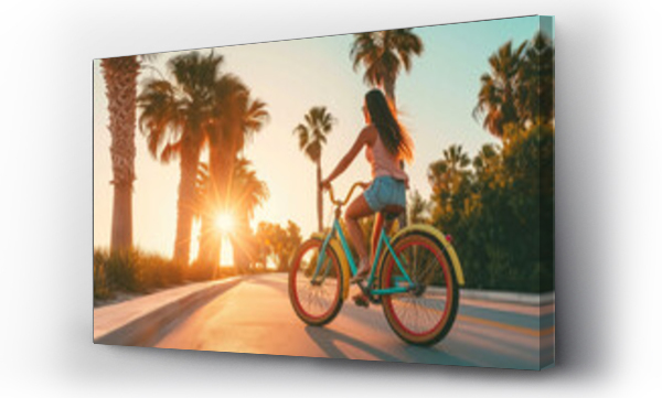 Wizualizacja Obrazu : #705242413 A girl riding a colorful beach cruiser bike along a palm tree-lined boardwalk, with the sun setting behind her