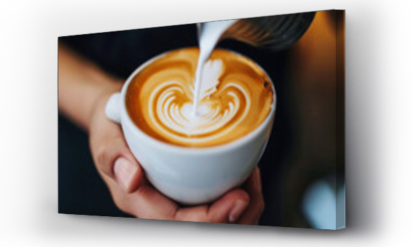 Wizualizacja Obrazu : #705264084 Close-up of a man making latte art in a cup of coffee. Male hands holding a cup of coffee with latte art. Drinks concept.