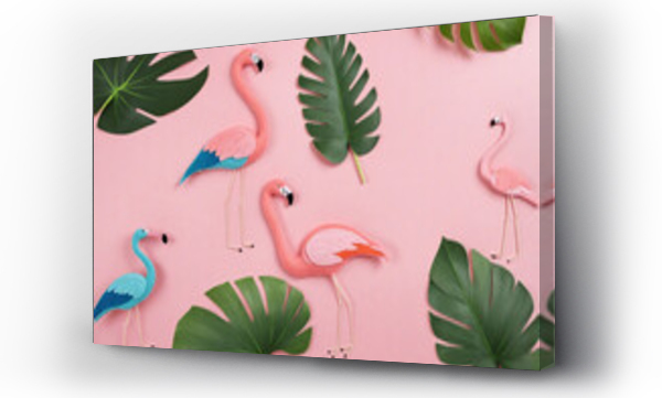 Wizualizacja Obrazu : #705308783 Summer trendy background with flamingo and leaves on pink. Handmade palm leaves and birds. Felt toy. Idea summer art crafts for kids in camp arts. Top view