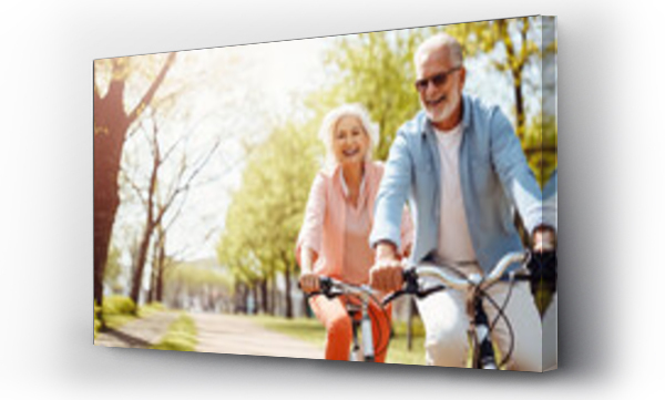 Wizualizacja Obrazu : #705348345 Cheerful active senior couple with bicycle in park together having fun lifestyle. Perfect activities for elderly people. Happy mature couple riding bikes, bicycles in the springtime park