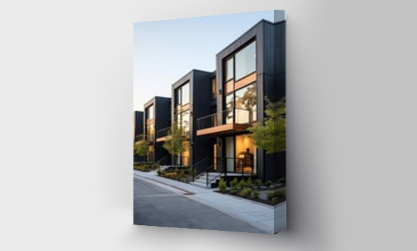 Wizualizacja Obrazu : #705362550 Contemporary modular black townhouses with a private design. Exterior showcasing modern residential architecture