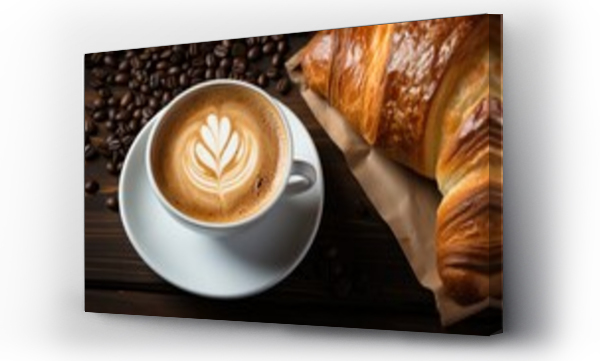 Wizualizacja Obrazu : #705493667 Top view of breakfast bread and coffee in white cup on wooden table