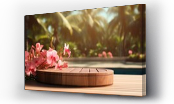 Wizualizacja Obrazu : #705730490 Empty round wooden podium with tender exotic fowers on wooden table opposite tropical spa resort background. Scene stage showcase for beauty and spa products, cosmetics, promotion sale or advertising