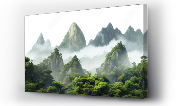 Wizualizacja Obrazu : #705872716 Lush green tropical rainforest landscape with misty mountains at dawn, cut out