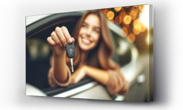 Wizualizacja Obrazu : #705892171 Happy woman buying new car - Delightful girl showing auto keys to the camera - Automobile industry and rental car concept
