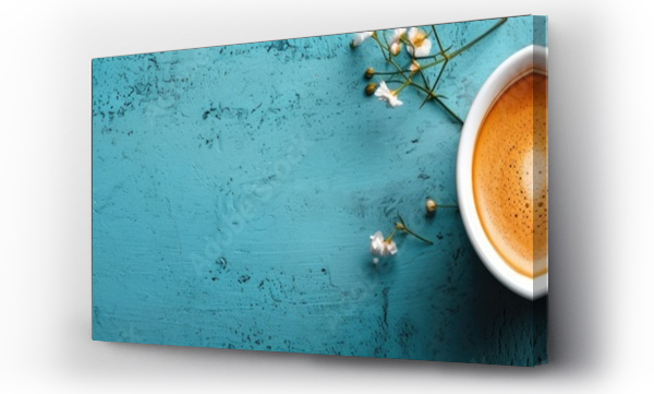 Wizualizacja Obrazu : #705905361 Cup of coffee with latte art on turquoise textured background with white flowers. Flat lay composition with copy space. Spring breakfast concept. Design for banner, poster, invitation, greeting card