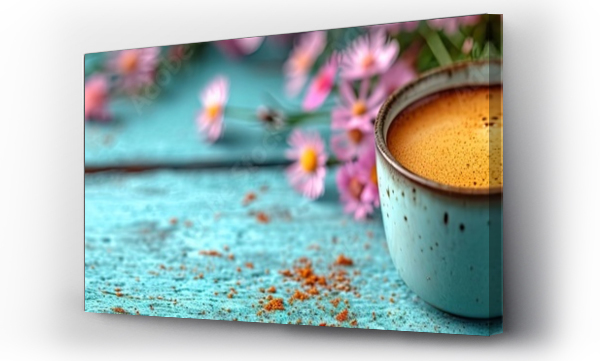 Wizualizacja Obrazu : #705905377 Espresso coffee in a blue cup on turquoise wooden surface surrounded by pink flowers. Flat lay composition with copy space. Vibrant breakfast concept. Design for banner, poster, invitation