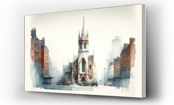 Wizualizacja Obrazu : #706258832 Watercolor painting of a little church in London, cityscape skyline