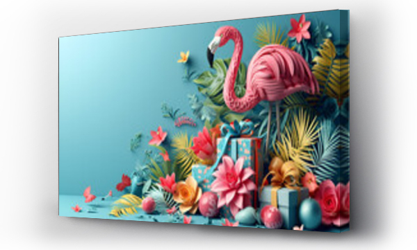 Wizualizacja Obrazu : #706260246 Exotic tropical summer travel background. Summer beach party concept. Summer sale. Pink flamingo, tropical leaves, orchid flower, palm branches on blue background	
