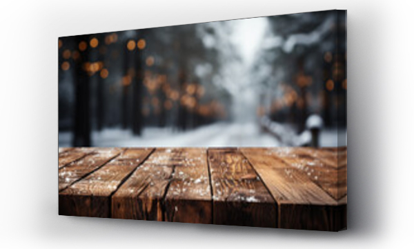 Wizualizacja Obrazu : #706280974 Holz Tisch Ablage im Winter mit Schnee Hintergrund (Durch AI generiert)