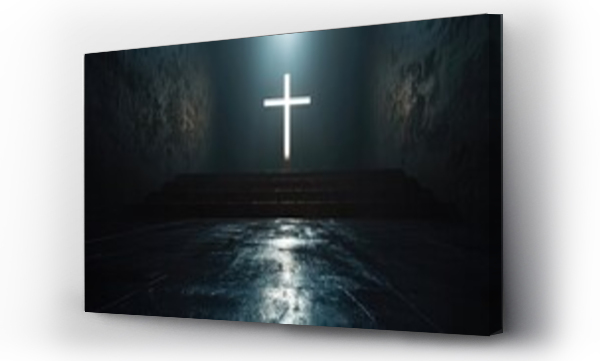 Wizualizacja Obrazu : #706389138 A cross in the middle of a dark room. Suitable for religious themes and spiritual concepts