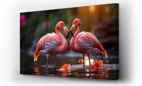Wizualizacja Obrazu : #706585788 Couple of pink flamingos in love standing in water on festive background with flowers