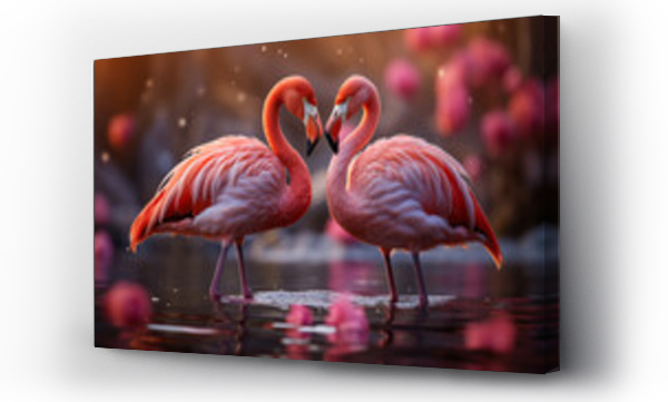 Wizualizacja Obrazu : #706585831 Couple of pink flamingos in love standing in water on festive background with flowers