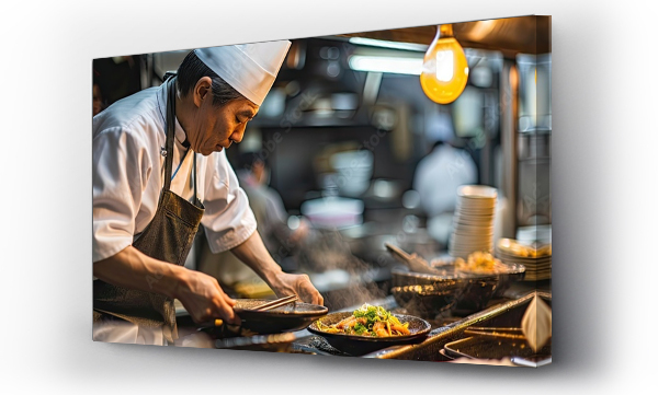 Wizualizacja Obrazu : #706782443 picture of an unrecognizable chef at a street kitchen in the fish market in Tokyo prepares bowls of food. with copy space image. Place for adding text or design
