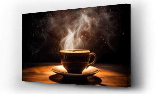 Wizualizacja Obrazu : #706910021 Banner with black hot coffee cup and golden smoke on wooden table. Mug with steaming smoke on dark background with golden lights, glittering sparkles and bokeh. Warm, light atmosphere. Magic mourning
