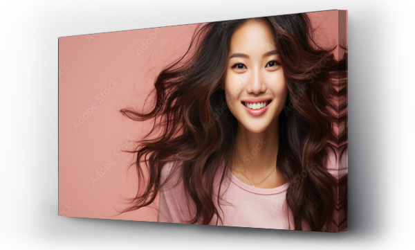 Wizualizacja Obrazu : #707278671 Smiling young asian woman with long hair isolated on pink background