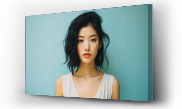 Wizualizacja Obrazu : #707293994 Portrait of a beautiful asian woman in white shirt on blue background
