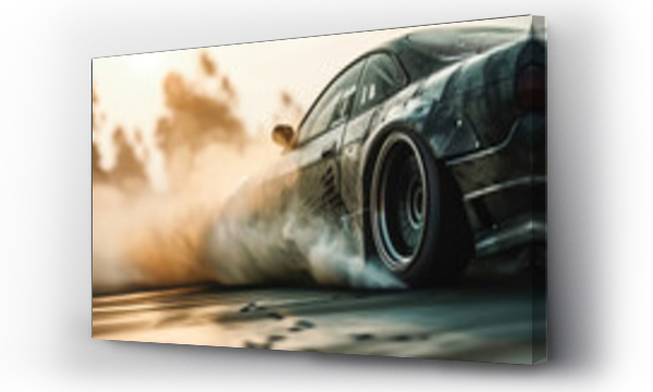 Wizualizacja Obrazu : #707309472 Close-up of a black car with drifting wheels in a cloud of smoke. Tire rubbing, drifting on a car or sports car, copy space.