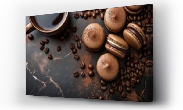 Wizualizacja Obrazu : #707364409 Dark and brown macarons, coffee powder on them, coffee smooth cream, on a dark marble table, coffee beans and a cup of coffee beside