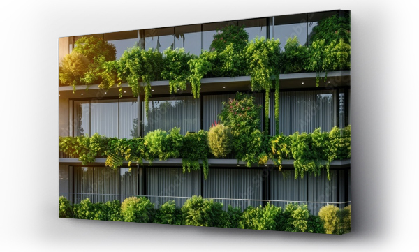 Wizualizacja Obrazu : #707432693 a modern glass building with a lot of green plants trees and bushes for the futuristic business architecture environment. ecology co2 footprint reduction. web design banner wide 8:3 panorama