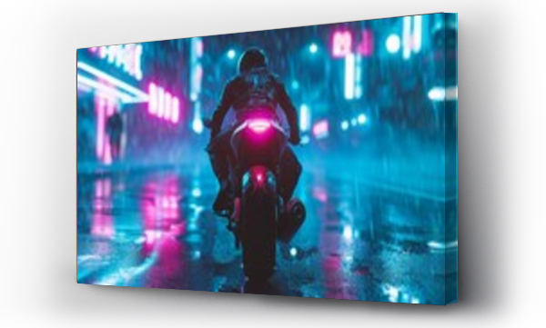 Wizualizacja Obrazu : #707433070 a motorcycle driving from behind on a road in a synthwave sci-fi cyberpunk futuristic city with skyscrapers buildings in neon pink and purple colors. wallpaper background 16:9