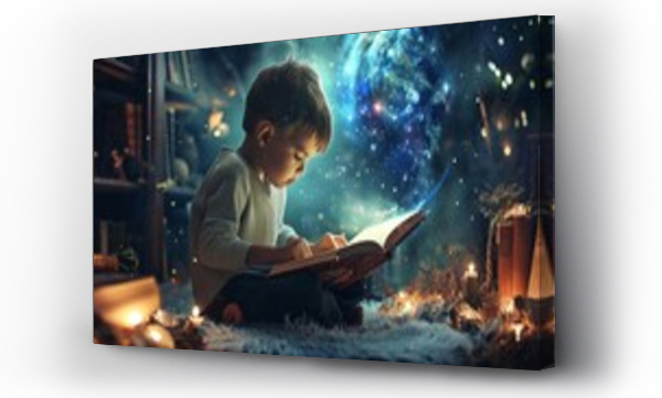Wizualizacja Obrazu : #707449954 a cute young boy kids opens and reads a fairy tale story fantasy book and immerses with his childhood imagination in creative magic world sitting in his room