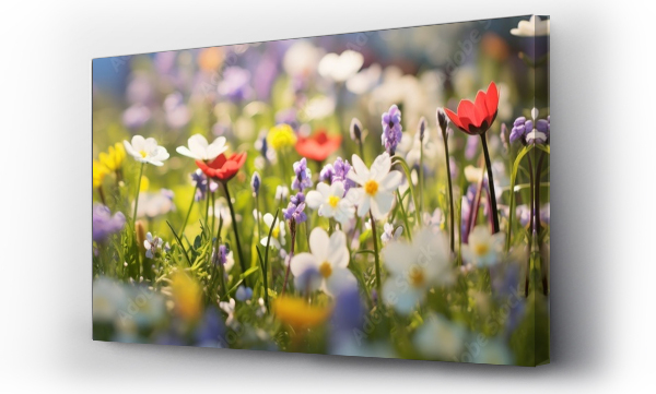 Wizualizacja Obrazu : #707748899 Flowers background, landscape panorama - Garden field of beautiful blooming spring or summer flowers on meadow, with sunshine and blue sky