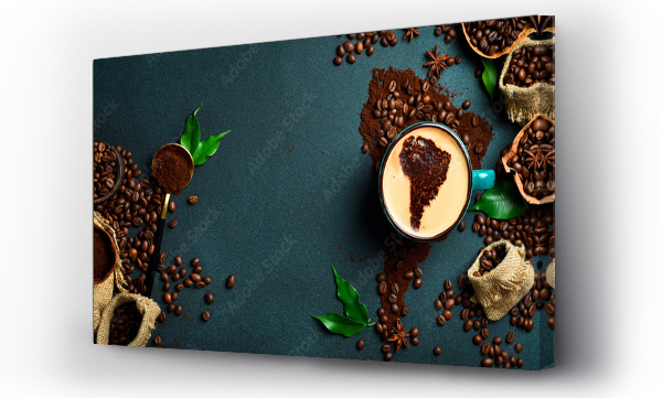 Wizualizacja Obrazu : #707763691 A cup of aromatic fragrant coffee with an image of South America. Set of coffee beans and ground coffee in the shape of a world map