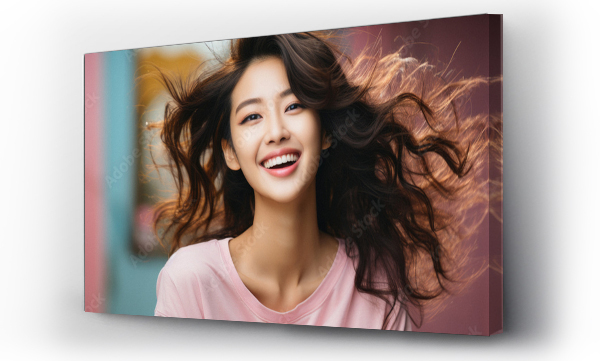 Wizualizacja Obrazu : #707908845 Beautiful smiling asian woman in pink t-shirt with flying hair