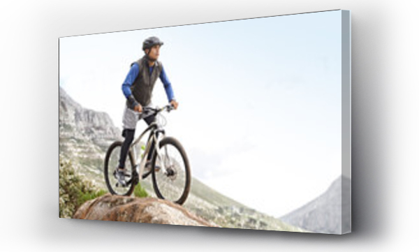 Wizualizacja Obrazu : #707920588 Man, mountain bike and off road cycling with mockup space on nature adventure or fitness in outdoor extreme sport. Male person or cyclist on bicycle for cardio on cliff hill in exercise with blue sky