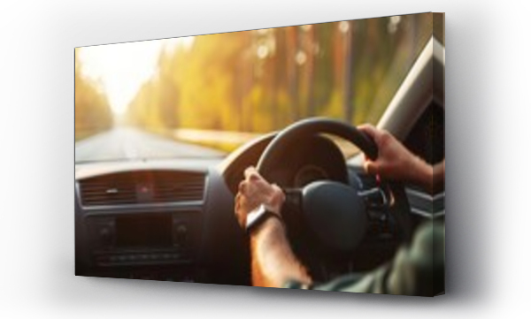Wizualizacja Obrazu : #708011457 The image shows a persons hands on a steering wheel, driving a car on a sunny road surrounded by trees.
