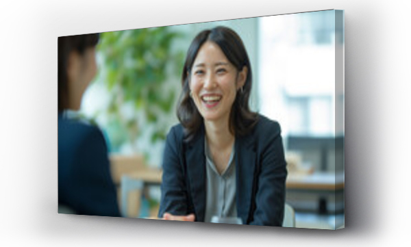 Wizualizacja Obrazu : #708117523 Japanese Businesswoman in Job Interview: Candid Meeting, Recruitment Talk, Manager and Candidate Discussion, Happy HR Management Interaction, Middle Aged Professional Negotiation, Business People Enga
